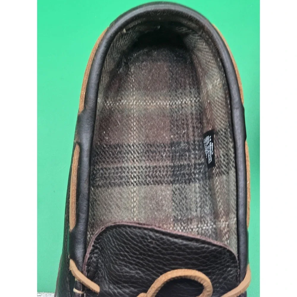 LL Bean Mens 14 Leather Moccasin Flannel Lined Slippers Loafer Shoe 212164 Brown